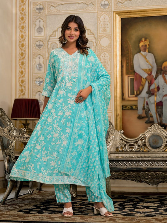 Juniper Women's Green Floral Printed Liva Rayon Kurta, Pant And Dupatta Set With Thread & Sequins Work
