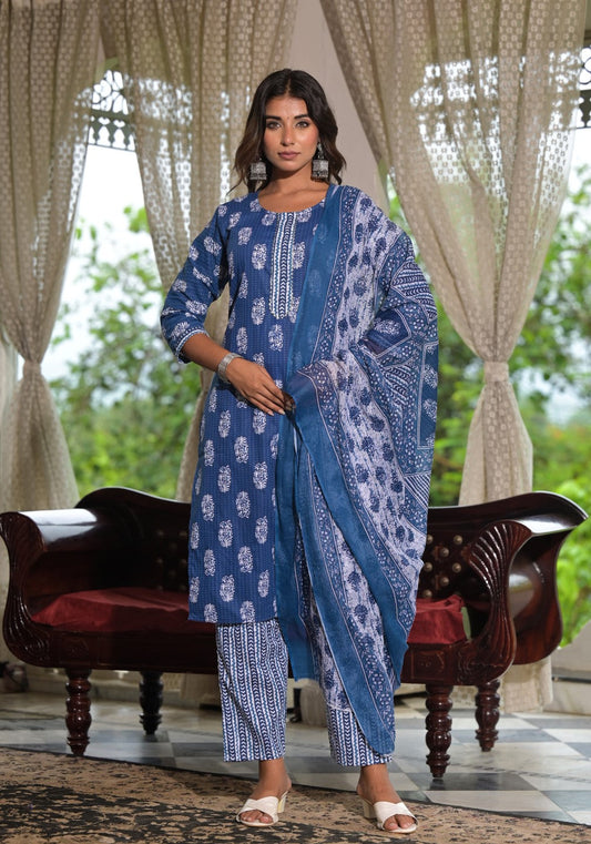 Juniper Women's Navy Ethnic Motif Printed Cotton Kurta, Pant And Dupatta Set With Lace