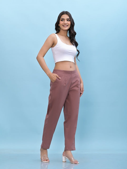Juniper Women's Mauve Solid Cotton Pants with Partially Elasticated Waistband and Two Side Pockets