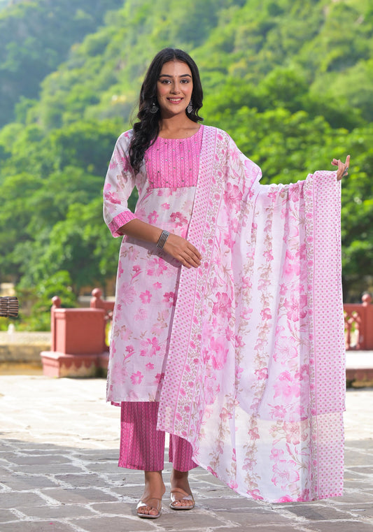 Juniper Women's Pink Pure Cotton Printed Kurta Set