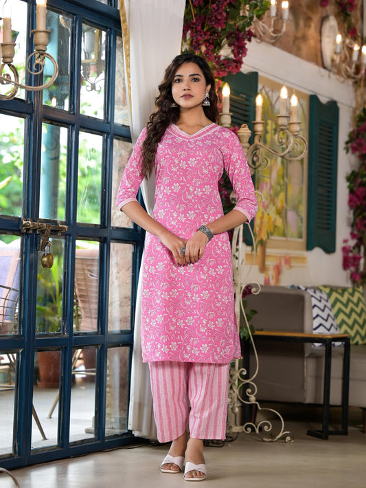 Juniper Women's Pink Floral Printed Cotton Kurta Set With Lace