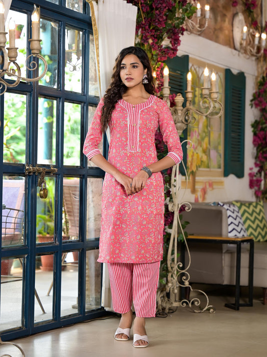 Juniper Women's Peach Floral Printed Cotton Kurta & Pant Set With Lace & Buttons | Grab2Buy