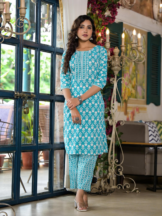 Juniper Women's Teal Ethnic Motif Printed Cotton Kurta & Pants Set With Lace | Grab2Buy