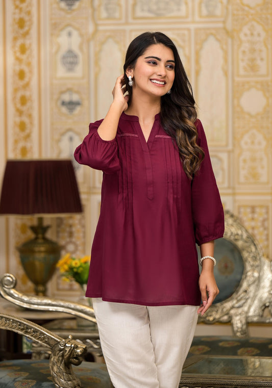 Juniper Women's Wine Solid Rayon Tunic Top With Thread Work