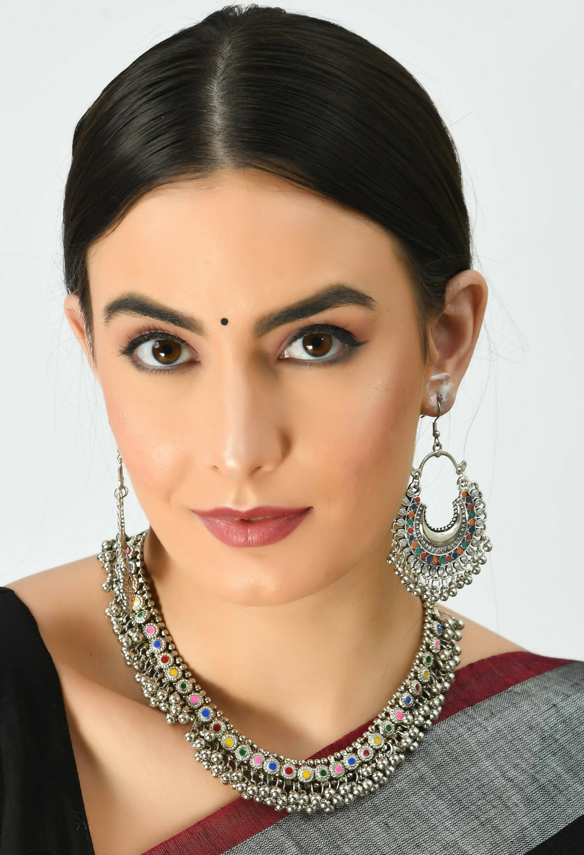 Mominos Fashion Johar Kamal Oxidised Silver-Plated Meena Work Choker Set - Grab2buy