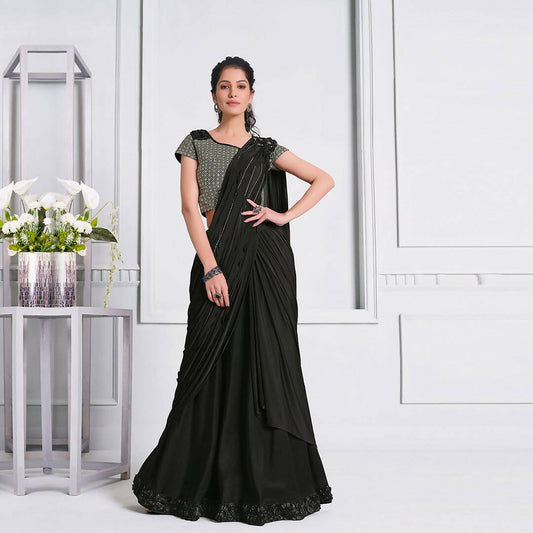 Black Lycra Cord And Sequins Embriodery Saree - Mohmanthan Izzara