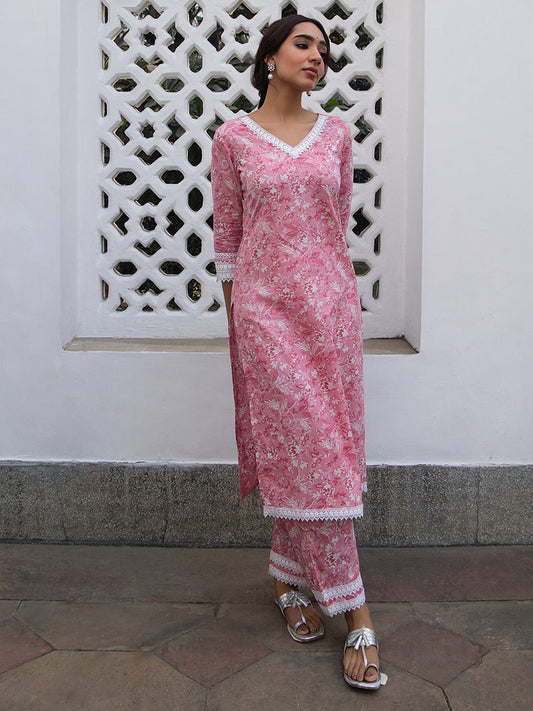 Janasya Light Cotton Floral Regular Kurta Set