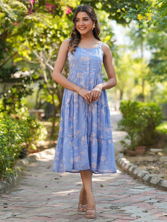 Janasya Bright Georgette Floral Tiered Dress