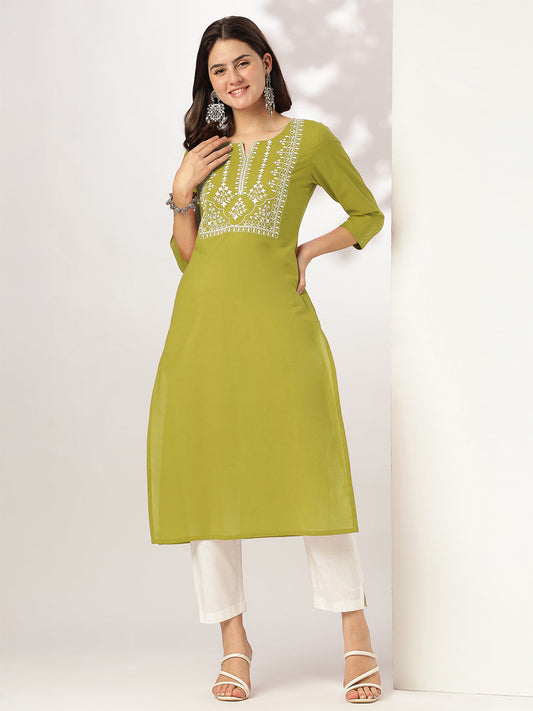 Janasya Dark Cotton Yoke Embroidery Straight Kurta | Grab2Buy