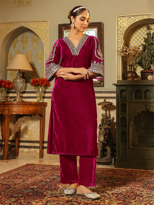 Janasya Pink Velvet Embroidered Kurta & Bottom