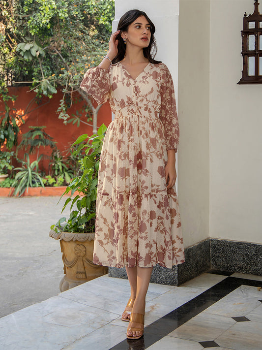 Janasya Dark Georgette Floral A-Line Dress