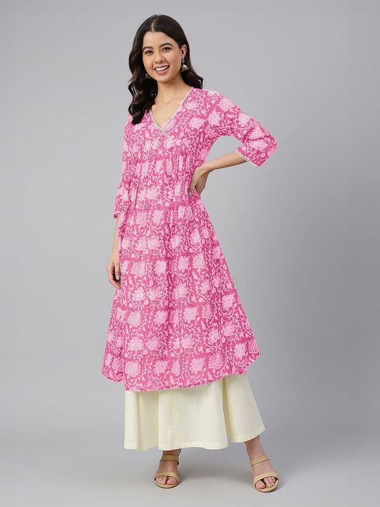 Janasya Dark Cotton Floral Flared Kurta | Grab2Buy