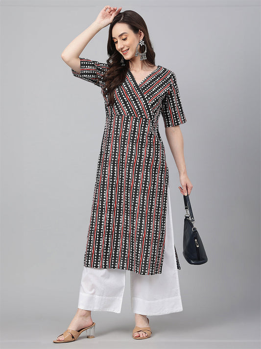 Janasya Dark Cotton Geometric Straight Kurta | Grab2Buy