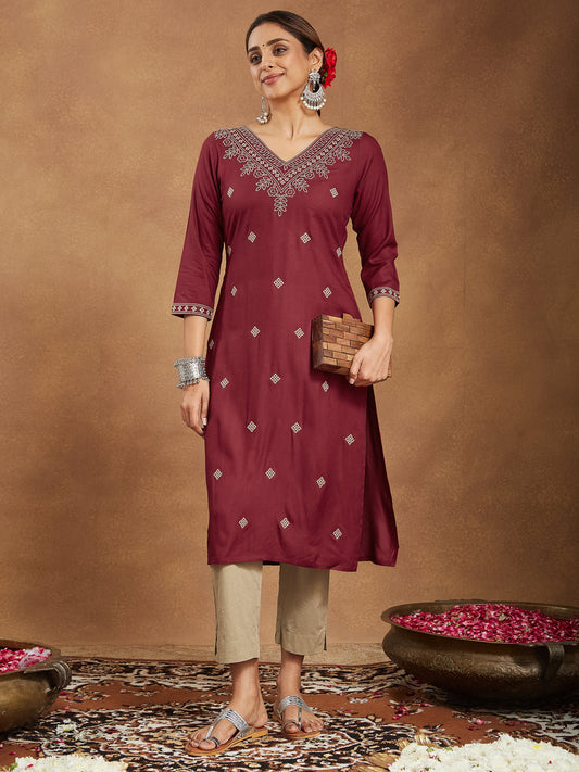 Janasya Dark Rayon Embroidered Straight Kurta | Grab2Buy