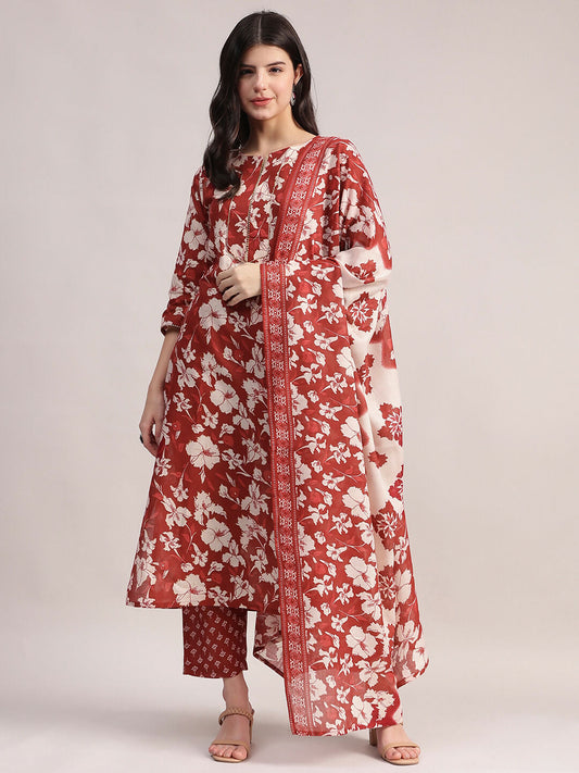 Aavyora Women Maroon Floral Printed Kurta with Printed Pants & Dupatta Set | Grab2Buy