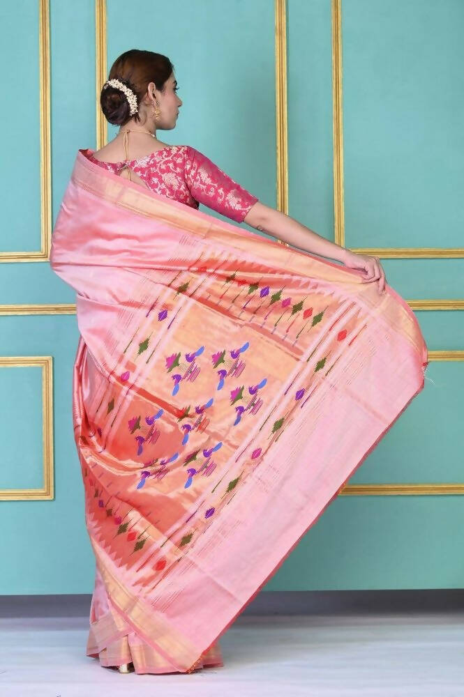 Very Much Indian Traditional Pretty Peach Pure Silk Double Pallu Paithani With Designer Peacocks Pallu - Grab2buy
