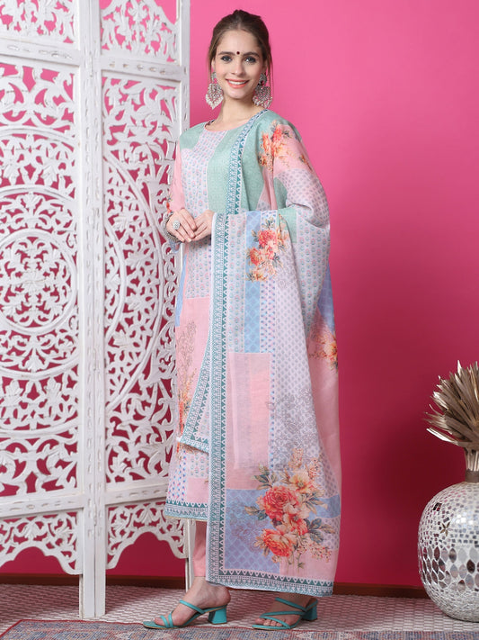 Jyoti Fashion Women's Multicolor Cotton Geometric Digital Print with Jari & Crystal Kurta with Trouser & Dupatta | Swadesiicart