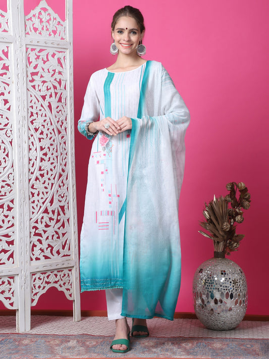 Jyoti Fashion Women's Multicolor Cotton Geometric Digital Print with Jari & Crystal Kurta with Trouser & Dupatta