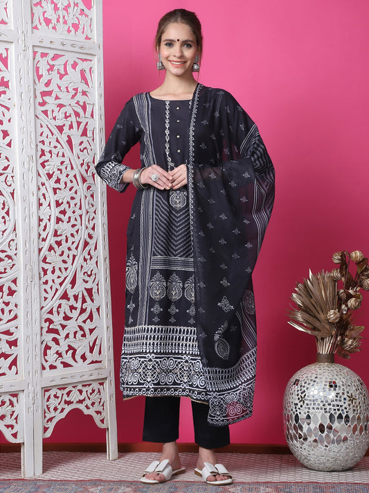 Jyoti Fashion Women's Black Cotton Geometric Digital Print with Jari & Crystal Kurta with Trouser & Dupatta | Swadesiicart