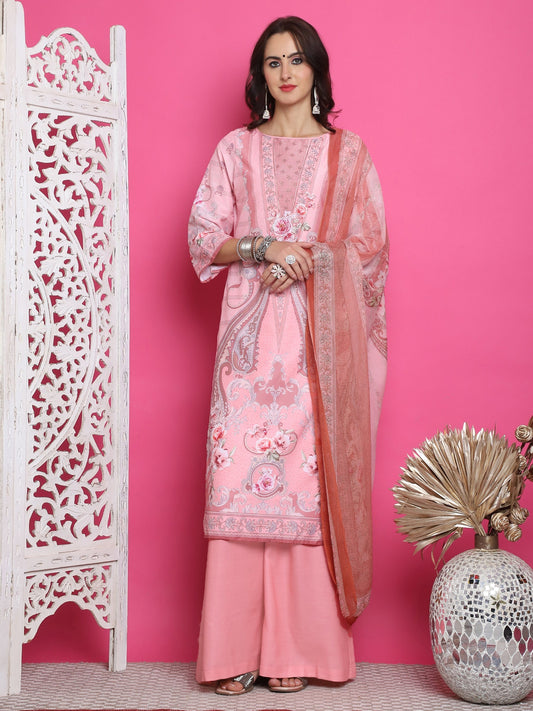Jyoti Fashion Women's Pink Satin Traditional Digital Print with Crystal work Kurta with Trouser & Dupatta | Swadesiicart