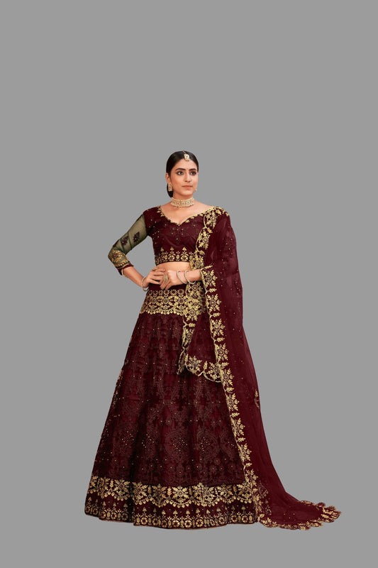 Jyoti Fashion Women's Maroon Net Thread Embroidered Designer Lehenga Choli Set
