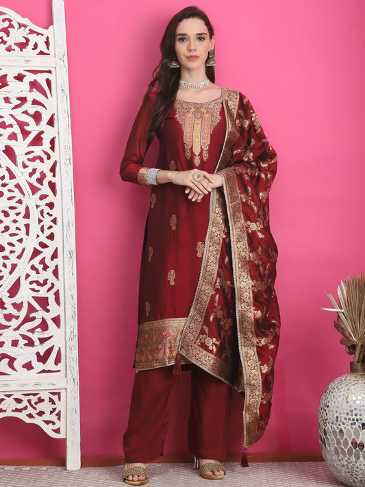 Jyoti Fashion Women's Maroon Silk Jacquard Woven with Zari Work Salwar Suit Set | Swadesiicart