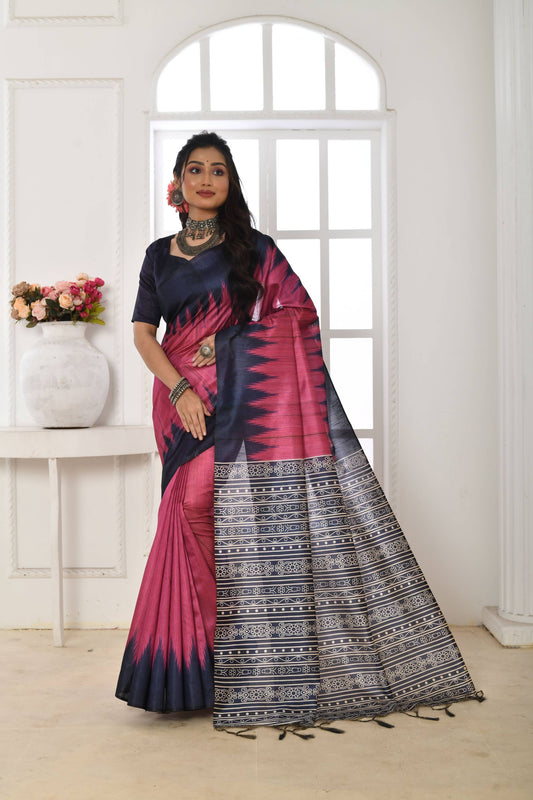 Jyoti Fashion Women's Pink Soft Tussar Silk Printed Temple Border Traditional Saree with Blouse | Swadesiicart
