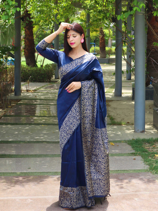 Jyoti Fashion Women's Blue Handloom Raw Silk Printed Border Traditional Saree with Blouse | Swadesiicart