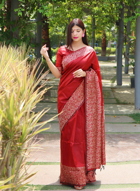 Jyoti Fashion Women's Red Handloom Raw Silk Printed Border Traditional Saree with Blouse | Swadesiicart