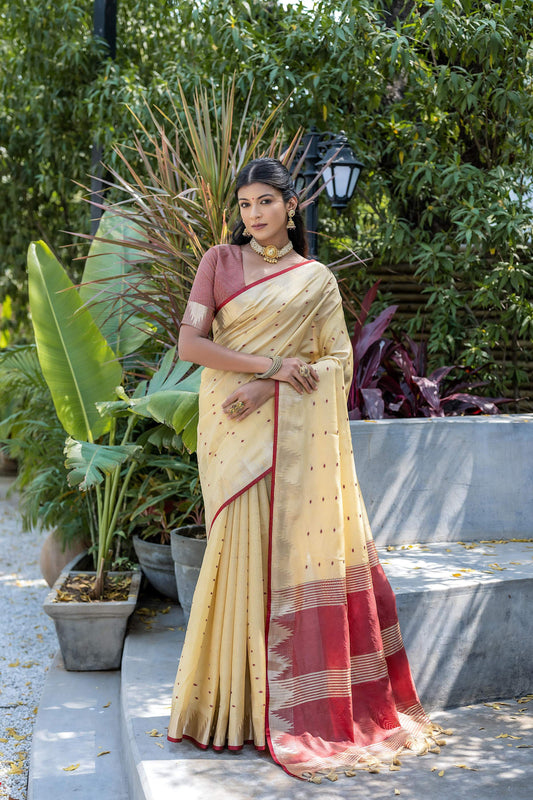 Jyoti Fashion Women's Cream Tussar Silk Temple Border with Zari Lining Traditional Saree with Blouse | Swadesiicart