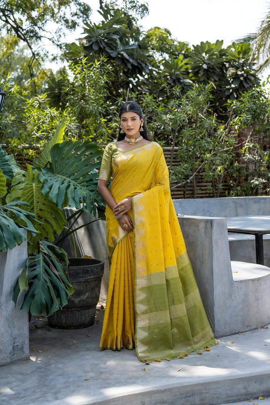 Jyoti Fashion Women's Yellow Tussar Silk Temple Border with Zari Lining Traditional Saree with Blouse | Swadesiicart