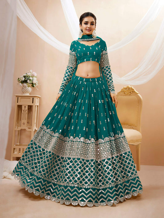 Jyoti Fashion Women's Teal Blue Georgette Sequins Zari Embroidered Lehenga Choli & Dupatta | Swadesiicart