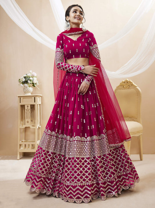 Jyoti Fashion Women's Hot Pink Georgette Sequins Zari Embroidered Lehenga Choli & Dupatta | Swadesiicart