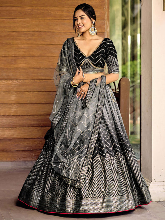 Jyoti Fashion Women's Black Chinon Sequins Thread Embroidered Lehenga Choli & Dupatta | Swadesiicart