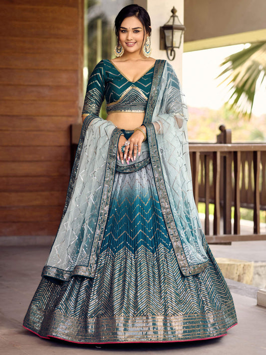 Jyoti Fashion Women's Blue Chinon Sequins Thread Embroidered Lehenga Choli & Dupatta | Swadesiicart