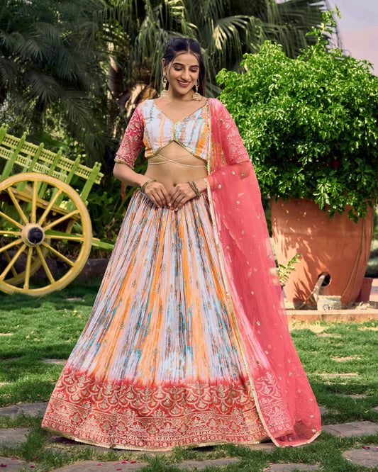 Jyoti Fashion Women's Pink Chinon Digital Print with Sequins Zari Embroidered Lehenga Choli & Dupatta | Swadesiicart