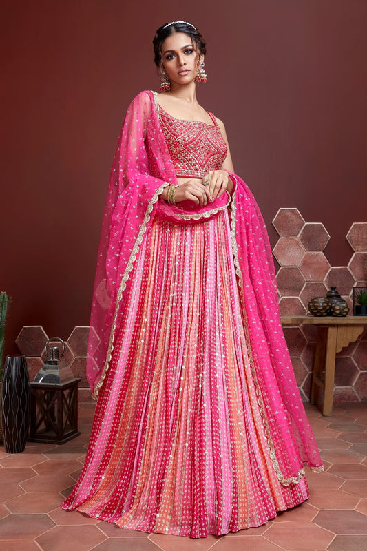 Jyoti Fashion Women's Pink Pure Chinon Silk Digital Print with Heavy Embroidered Lehenga Choli & Dupatta | Swadesiicart
