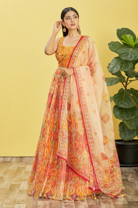 Jyoti Fashion Women's Yellow Organza Real Mirror with Sequins Thread Embroidered Lehenga Choli & Dupatta | Swadesiicart