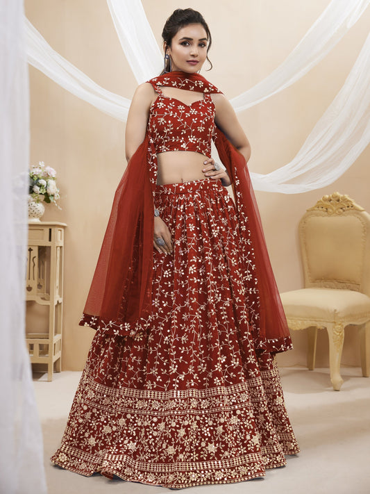Jyoti Fashion Women's Maroon Georgette Sequins Zari Embroidered Lehenga Choli & Dupatta | Swadesiicart
