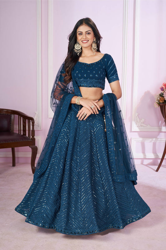 Jyoti Fashion Women's Teal Georgette Sequins Thread Embroidered Lehenga Choli & Dupatta | Swadesiicart