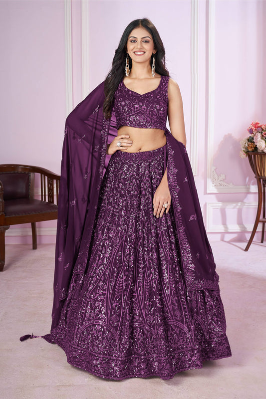 Jyoti Fashion Women's Purple Georgette Sequins Thread Embroidered Lehenga Choli & Dupatta | Swadesiicart