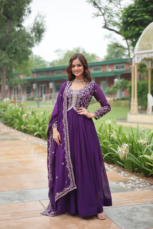 Jyoti Fashion Women's Purple Faux Blooming Sequins Zari Embroidered Long Anarkali Sets | Swadesiicart