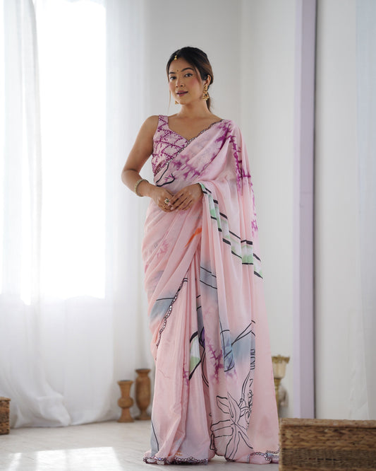 Jyoti Fashion Women's Peach Chinon Print with Mirror Work Designer Saree with Blouse | Swadesiicart