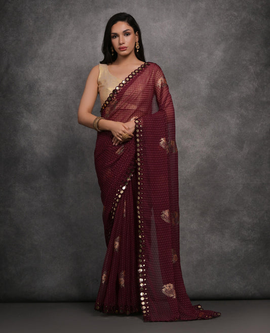Jyoti Fashion Women's Maroon Chiffon Mirror Work Designer Saree with Blouse | Swadesiicart