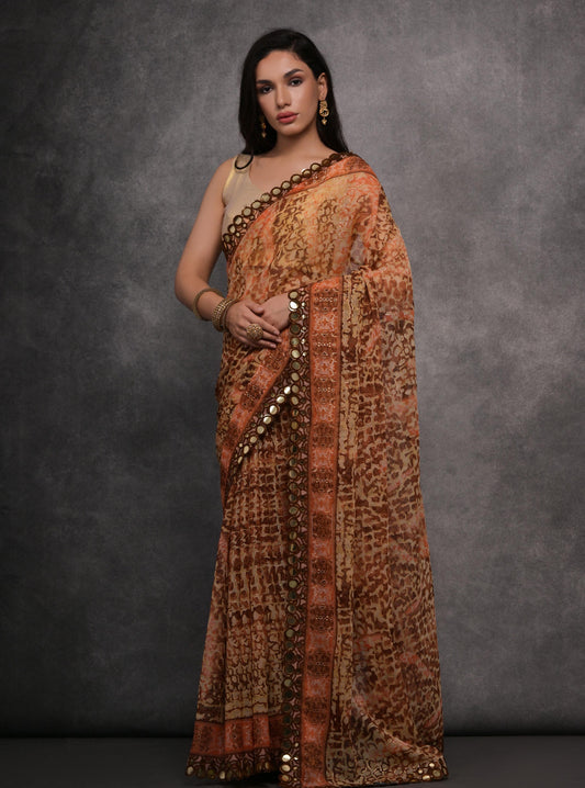 Jyoti Fashion Women's Brown Chiffon Mirror Work Designer Saree with Blouse | Swadesiicart