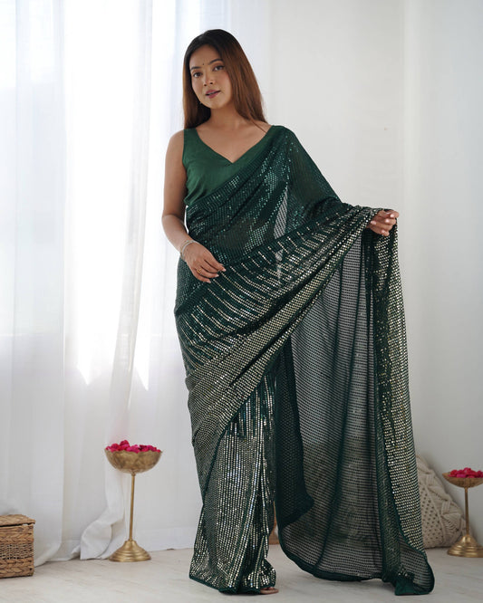 Jyoti Fashion Women's Bottle Green Georgette Sequins Designer Saree with Blouse | Swadesiicart