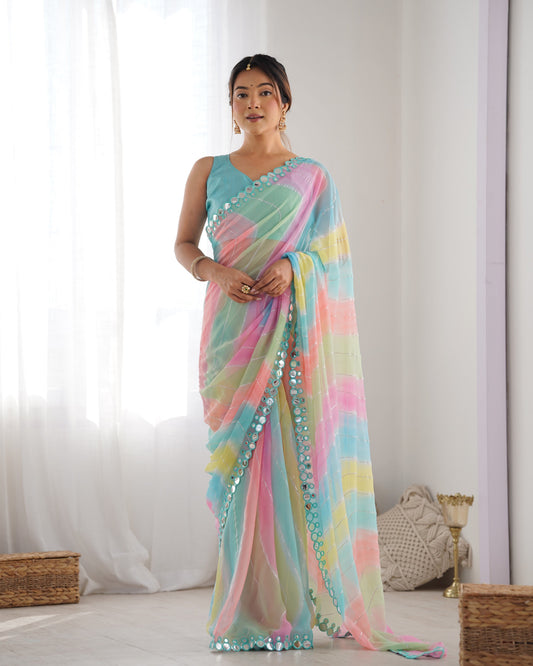 Jyoti Fashion Women's Multicolor Georgette Print with Mirror Work Designer Saree with Blouse | Swadesiicart