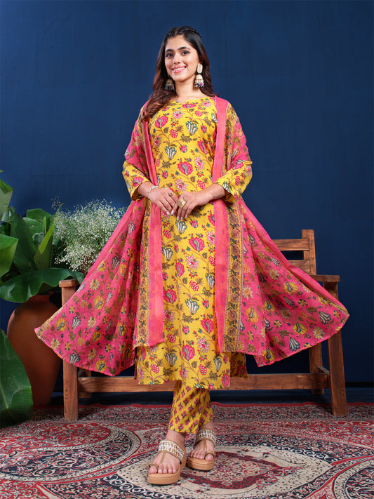 Jyoti Fashion Women's Yellow Cotton Blend Printed Designer Kurta Set with Dupatta | Grab2Buy