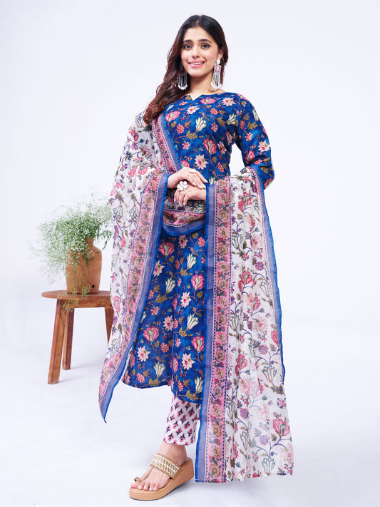 Jyoti Fashion Women's Blue Cotton Blend Printed Designer Kurta Set with Dupatta | Grab2Buy