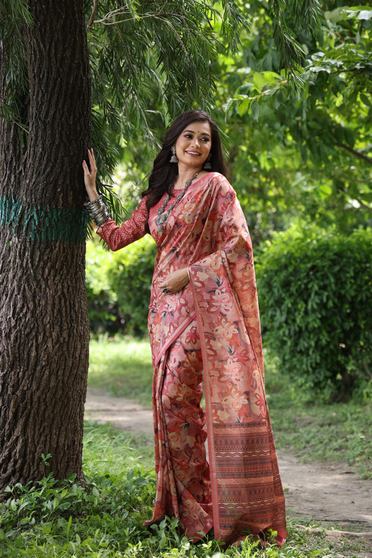 Jyoti Fashion Women's Maroon Soft Tussar Silk Printed and Zari Woven Saree with Blouse | Swadesiicart